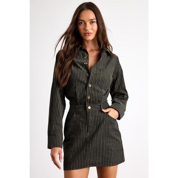 Lulus Dresses & Skirts - Lulus Divina Dark Olive Pinstriped Twill Collared Mini Dress Green - Size XL